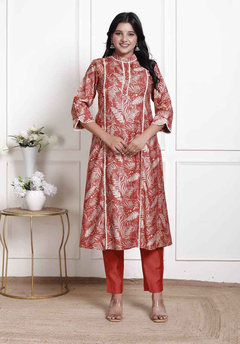 Rust Red Leaf Print Kurta Set